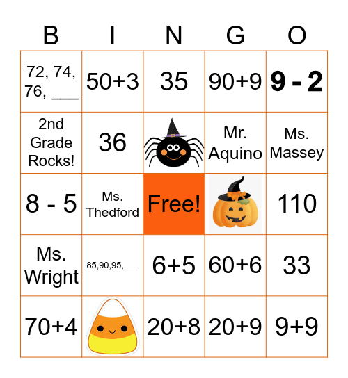 SAUS 2nd Grade Halloween Math Bingo! Bingo Card