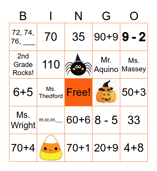 SAUS 2nd Grade Halloween Math Bingo! Bingo Card