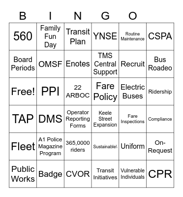 York Region Transit Bingo Card