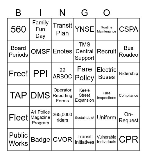 York Region Transit Bingo Card