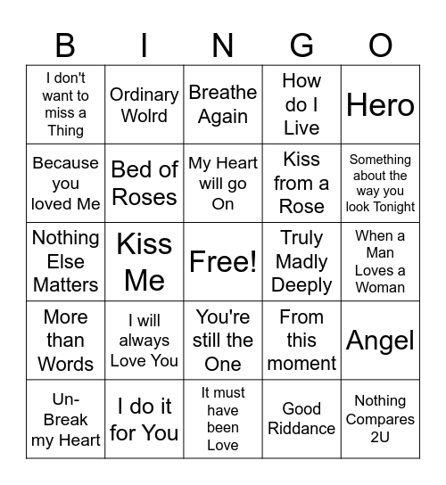 90s Ballads Bingo Card