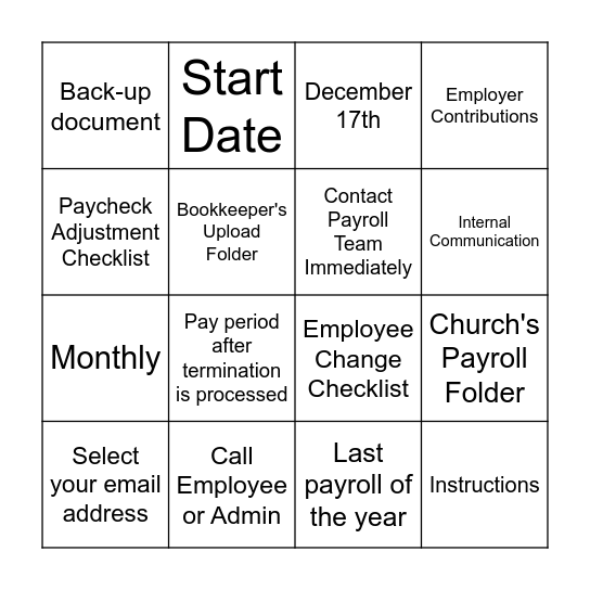 Payroll Bingo Card