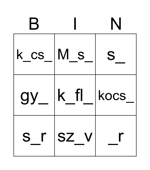 i a szavakban Bingo Card
