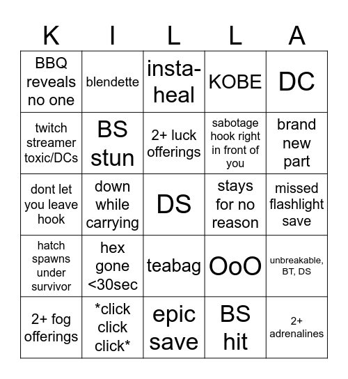 Dead By Daylight Bingo Card