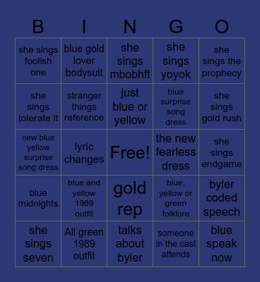 Indy Eras Tour Bingo Card