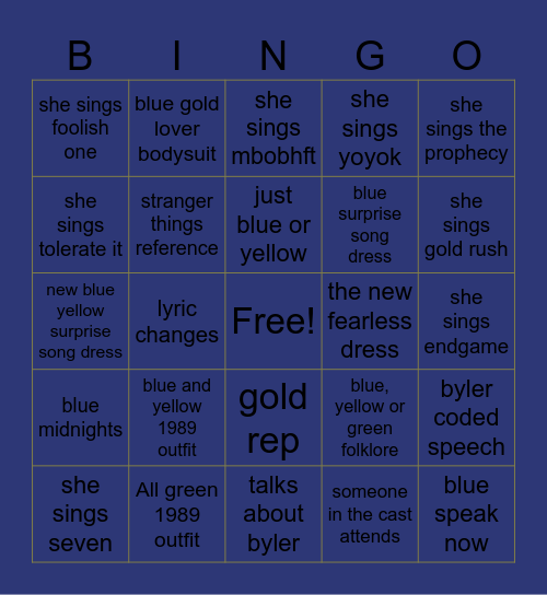 Indy Eras Tour Bingo Card