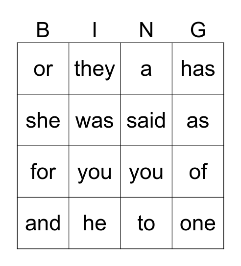 Trick Word Bingo Card