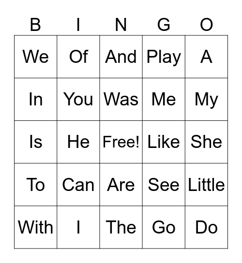 Sight Words Bingo Card