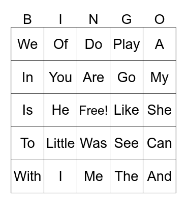 Sight Words Bingo Card
