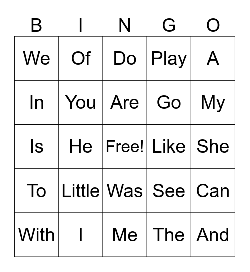 Sight Words Bingo Card