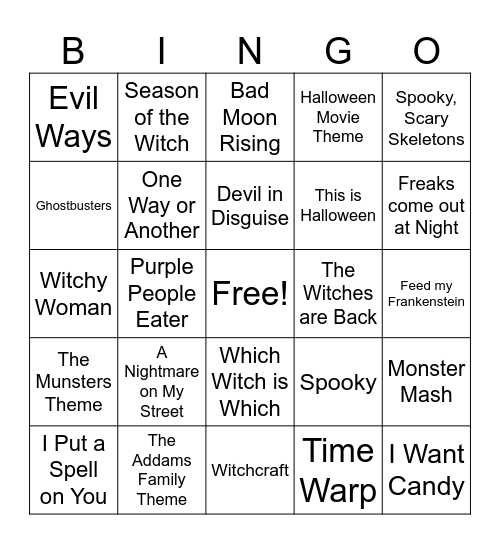 Halloween Music Bingo Card