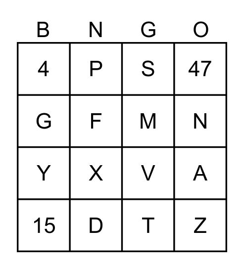 Numeros y Letras Bingo Card