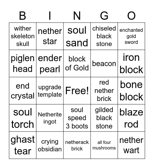 Escape the nether bingo Card