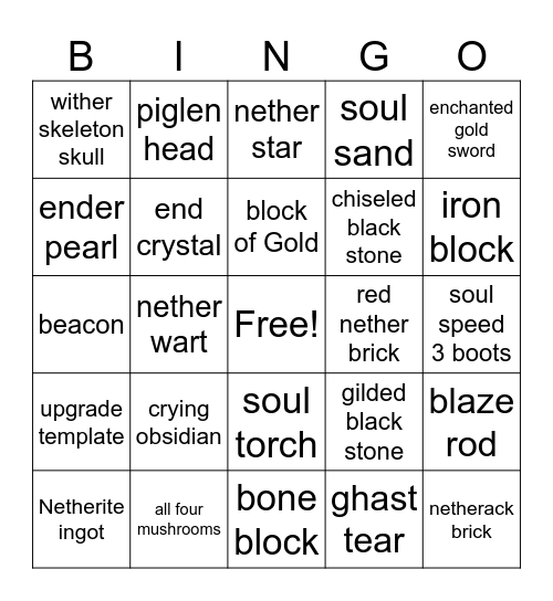 Escape the nether bingo Card