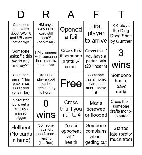 Drafter's Bingo Card