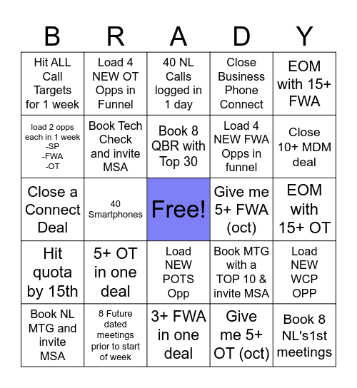 November to Remember - Brady Bingo Card