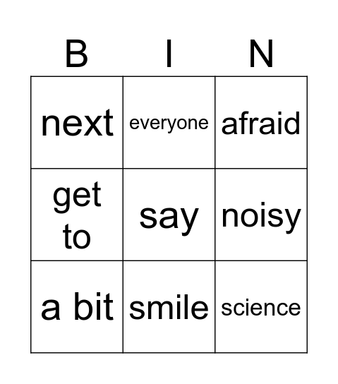 New words Bingo Card