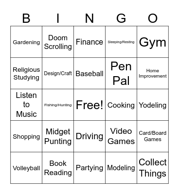 Hobbies Bingo Card