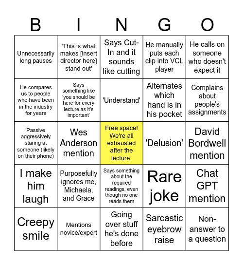 Film Theory lecturer bingo Card