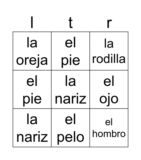 Partes del Cuerpo Bingo Card