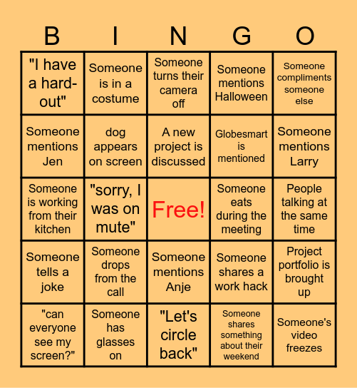 PMO Team Call Bingo Card