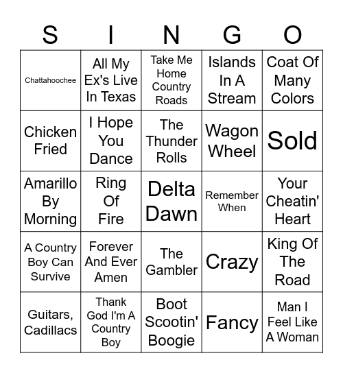 Country Hits Singo Bingo Card