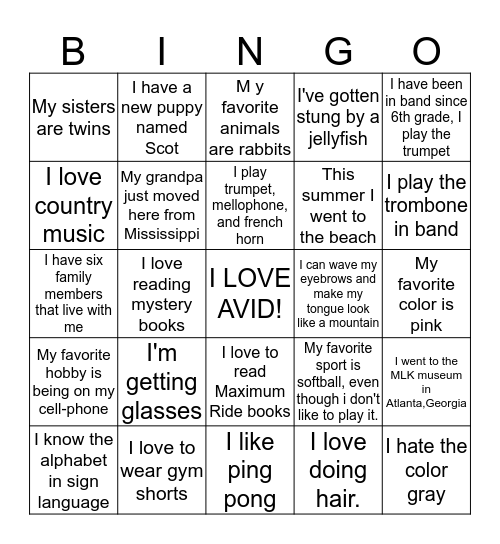 AVID Bingo Card Bingo Card