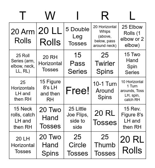 Twirling Challenge Bingo Card