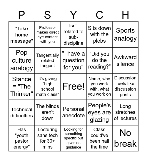 Psych seminar bingo Card