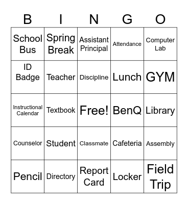 School Bingo Card