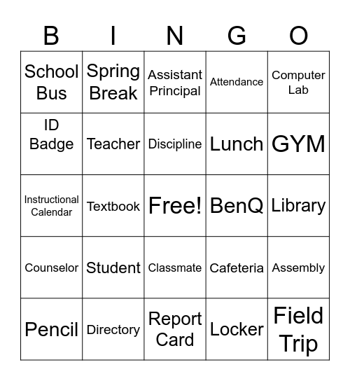 School Bingo Card