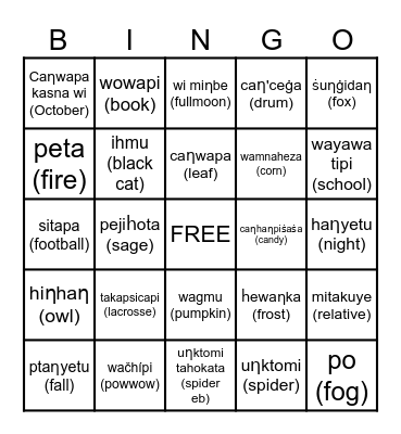 Fall Terms in Dakota Bingo Card