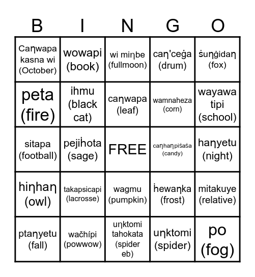 Fall Terms in Dakota Bingo Card