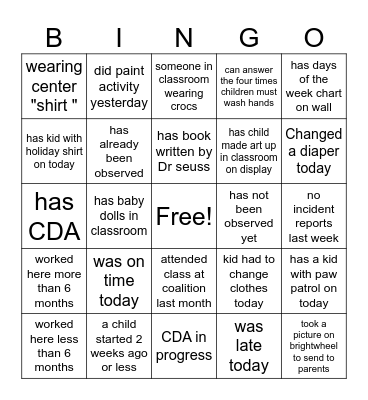 Childcare Bingo Card