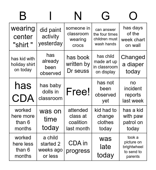 Childcare Bingo Card