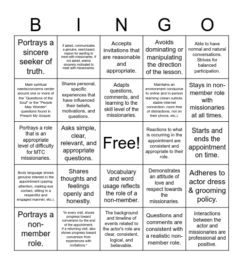 Lesson Observation Rubric Bingo Card