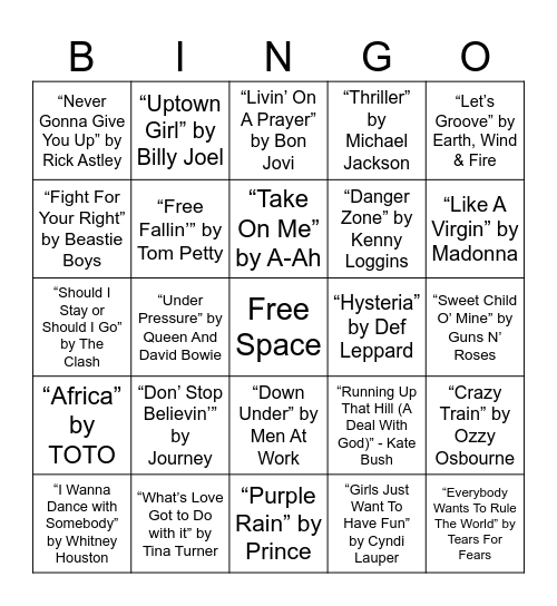 80's Music Bingo Card