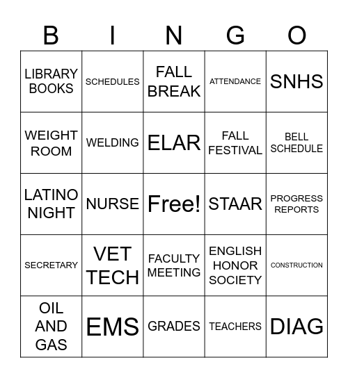 SCHOOL BINGO Card