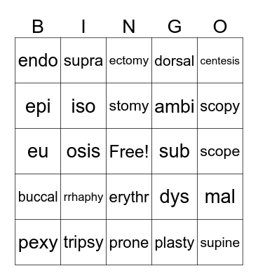 Medical Terminology Bingo Card