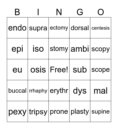 Medical Terminology Bingo Card