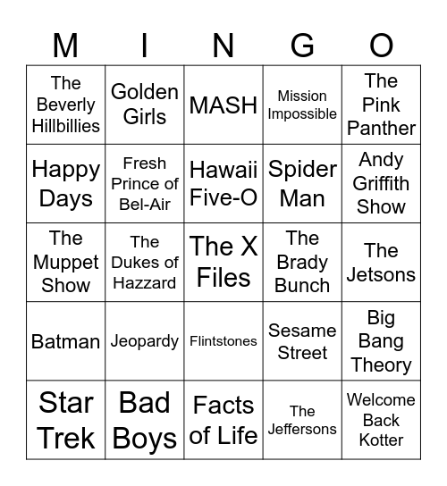 TV Theme Songs Bingo Card