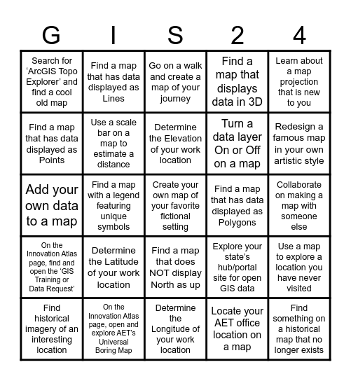 AET GIS Day 2024 Bingo Card