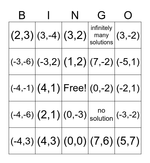 Solving Systems Bingo Card