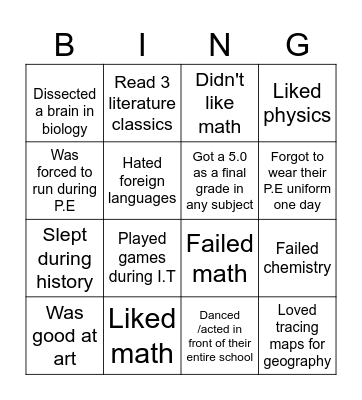 School subjects Bingo Card