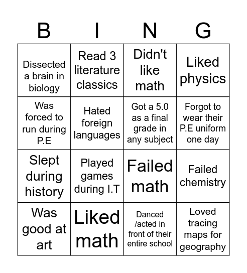 School subjects Bingo Card
