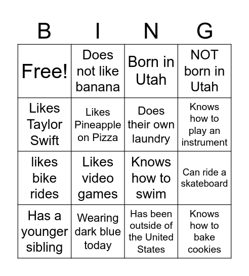 Similarities Bingo Card