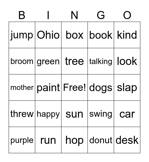 Nouns Bingo Card