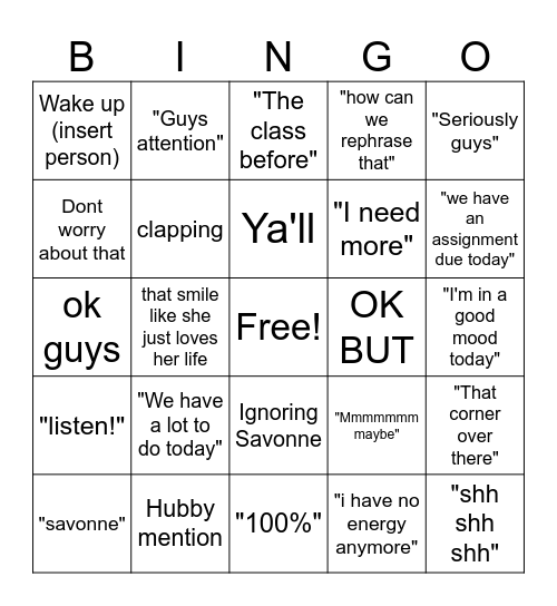 Gretchen Bingo Card