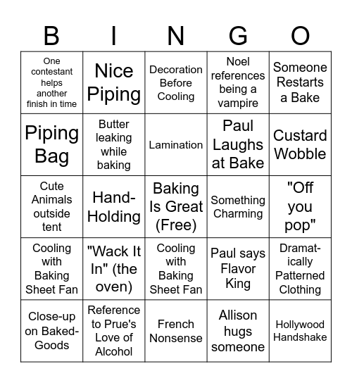 Great British Baking Show Bingo Card