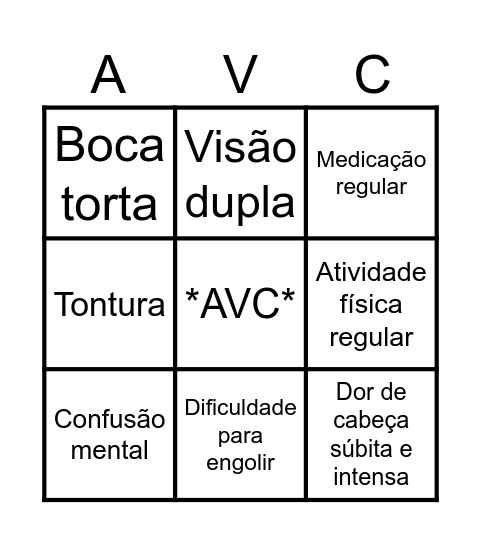 Sintomas do AVC e prevenção Bingo Card